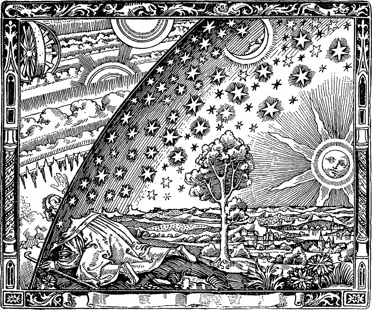 Flammarions Holzstich – in L’atmosphère, Paris 1888, als Illustration zu “La forme du ciel” im Kapitel “Le jour”Abbildung gemeinfrei